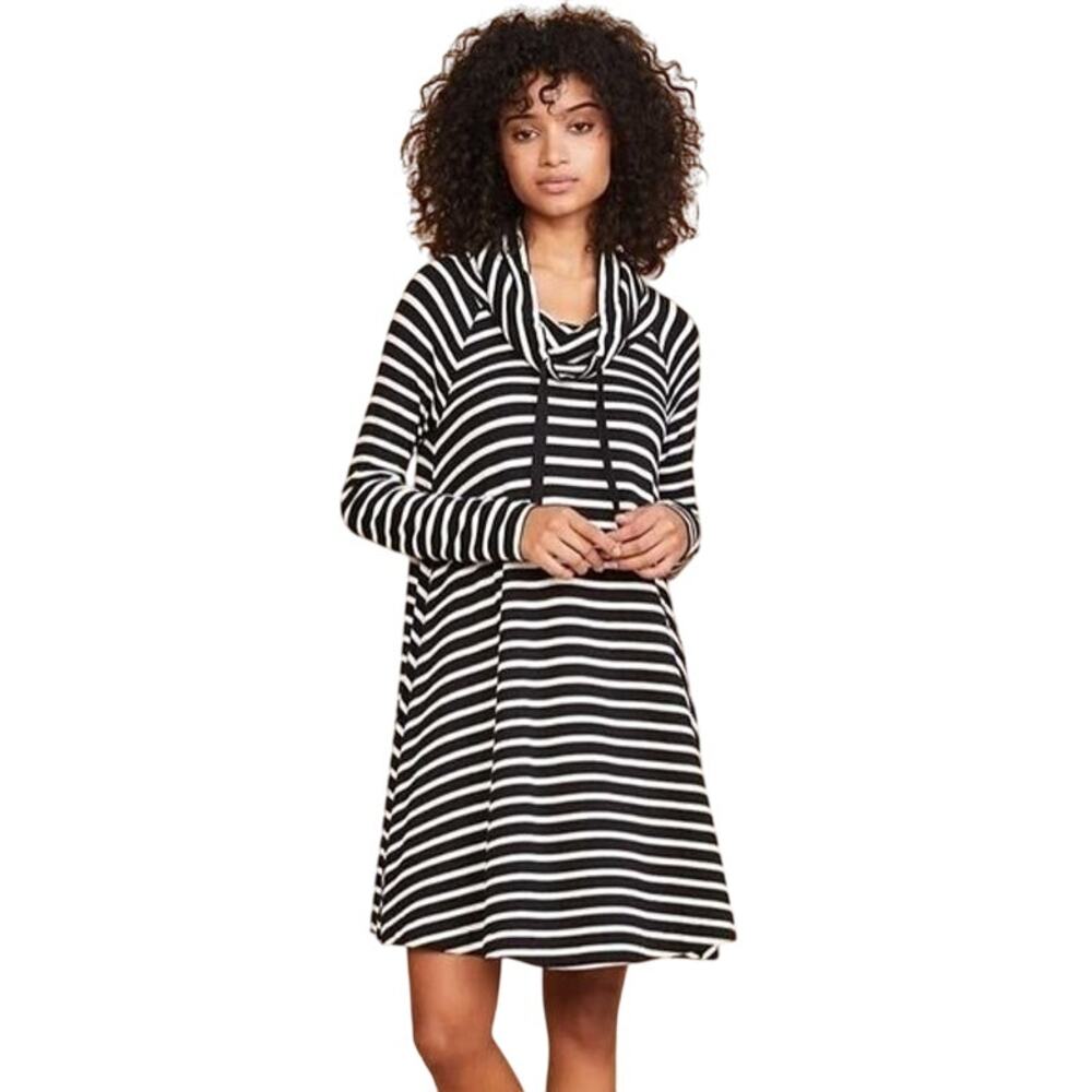 NWT Lou & Grey LOFT Striped Cowl Neck Swing Dress XS Black White Soft Jersey